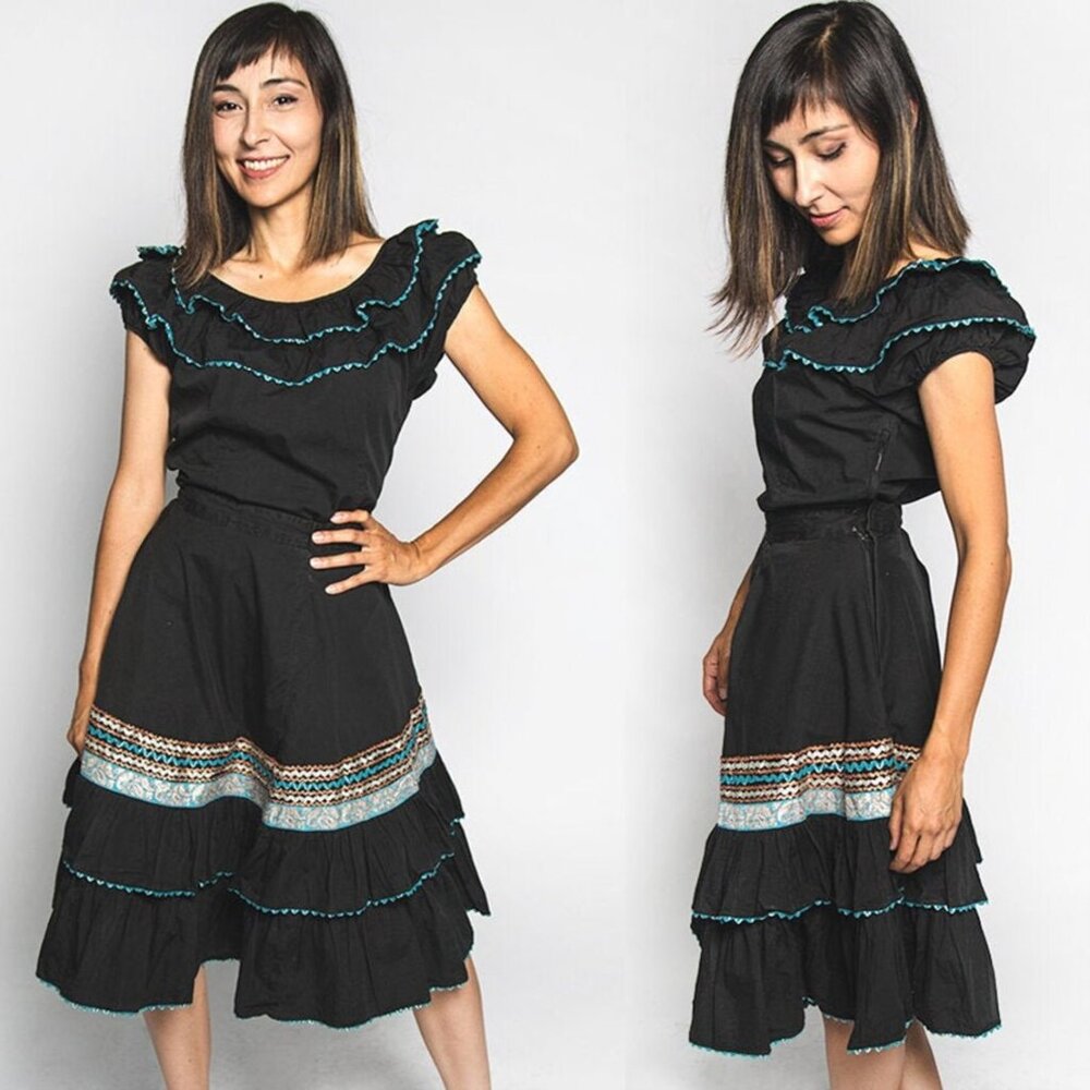 Vintage 1950s Patio Skirt & Blouse Set 50s Cotton Cottagecore Prairie Swing XS